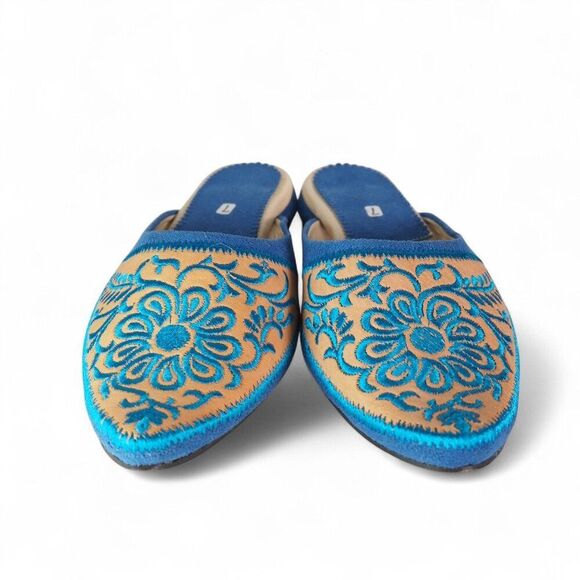 Moroccan Leather Embroidered Babouche Leather Slippers Blue / Tan Women's 7 - Picture 3 of 10